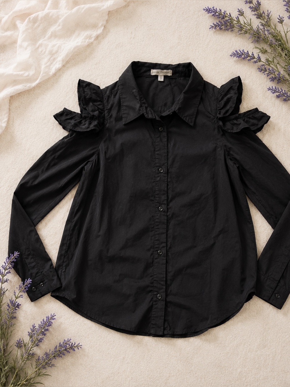 Carole Christian Black Ruffle Cold ShoulderButton Down Top Small Chic Minimalist